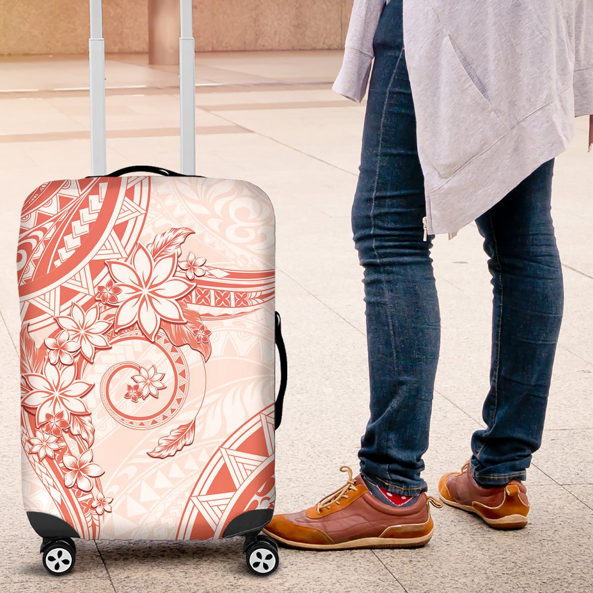 Polynesian Pattern With Plumeria Flowers Luggage Cover Orange Peach LT05 Peach - Polynesian Pride