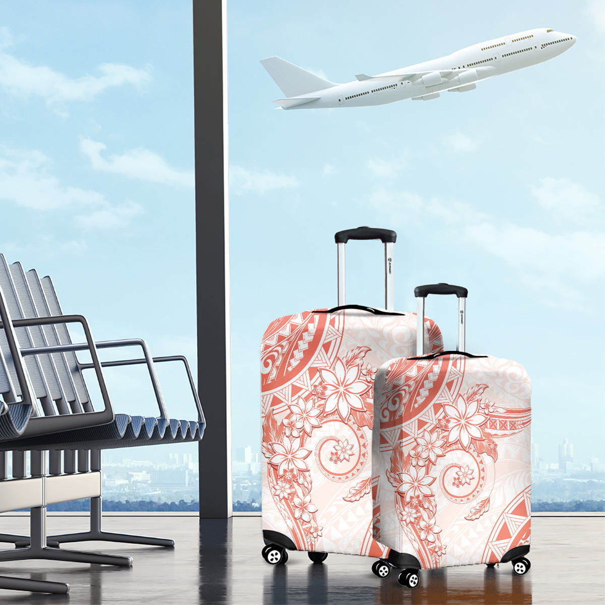 Polynesian Pattern With Plumeria Flowers Luggage Cover Orange Peach