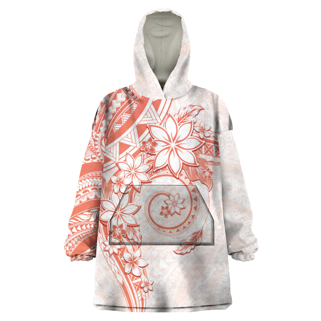 Polynesian Pattern With Plumeria Flowers Wearable Blanket Hoodie Orange Peach LT05 One Size Peach - Polynesian Pride