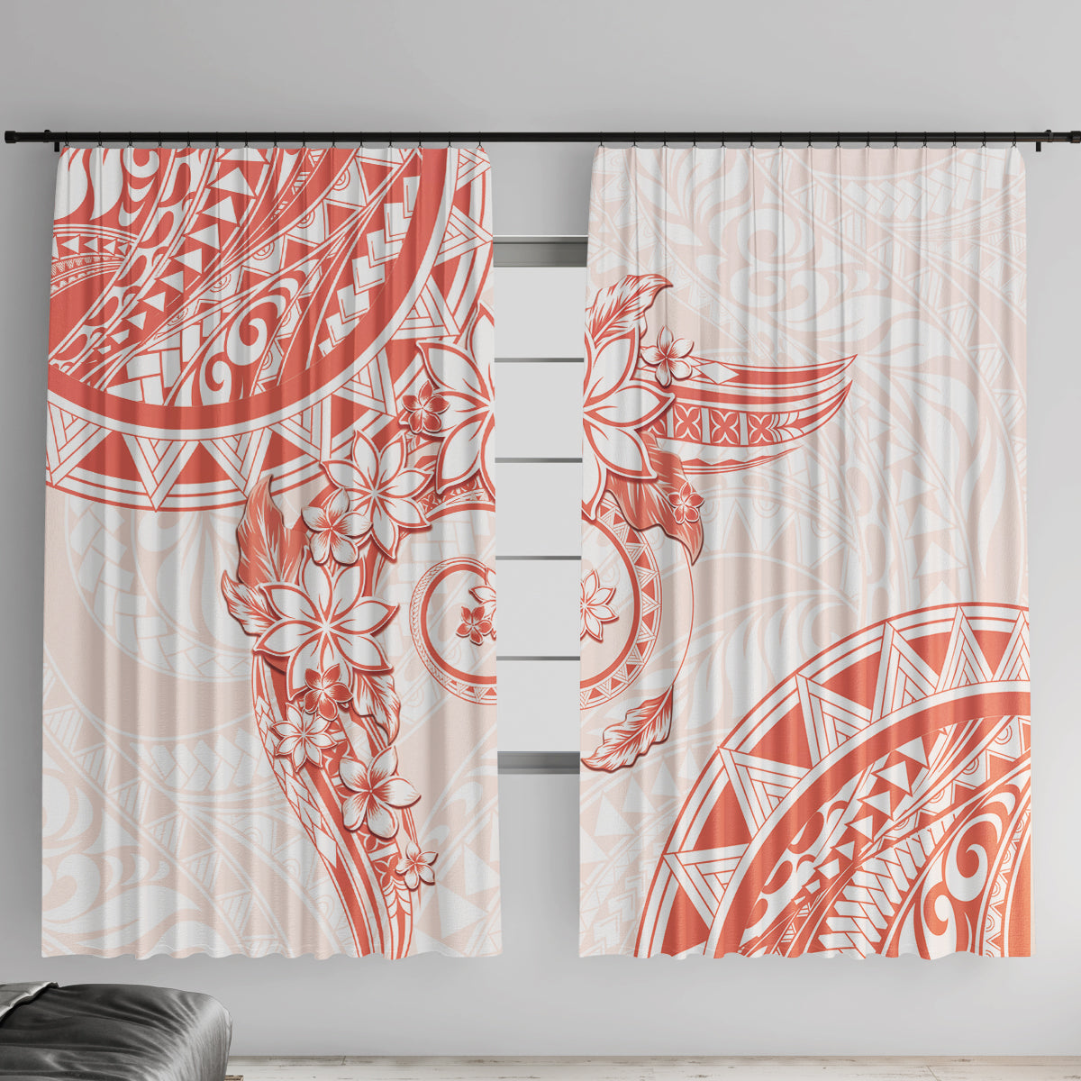 Polynesian Pattern With Plumeria Flowers Window Curtain Orange Peach LT05 With Hooks Peach - Polynesian Pride