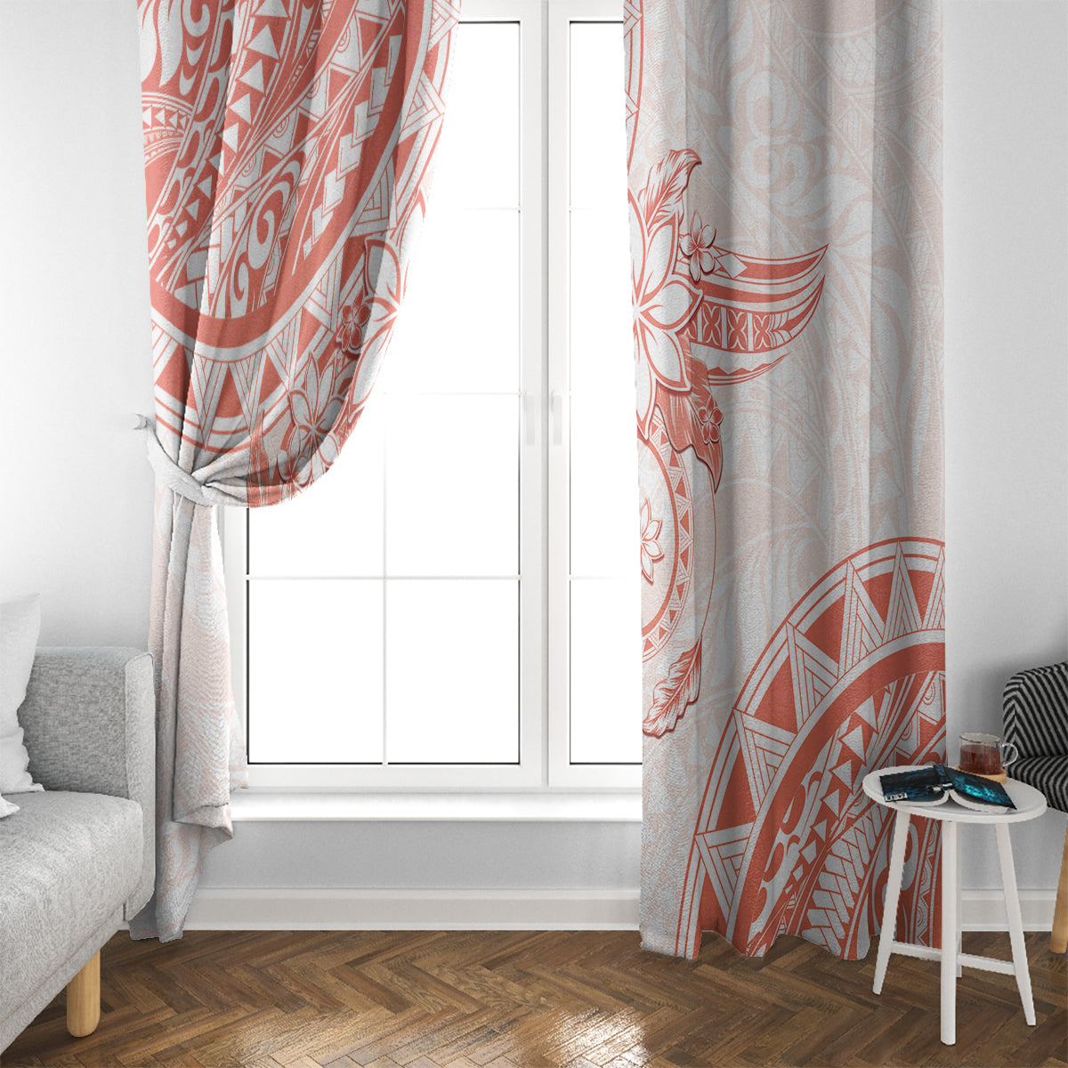 Polynesian Pattern With Plumeria Flowers Window Curtain Orange Peach LT05 - Polynesian Pride