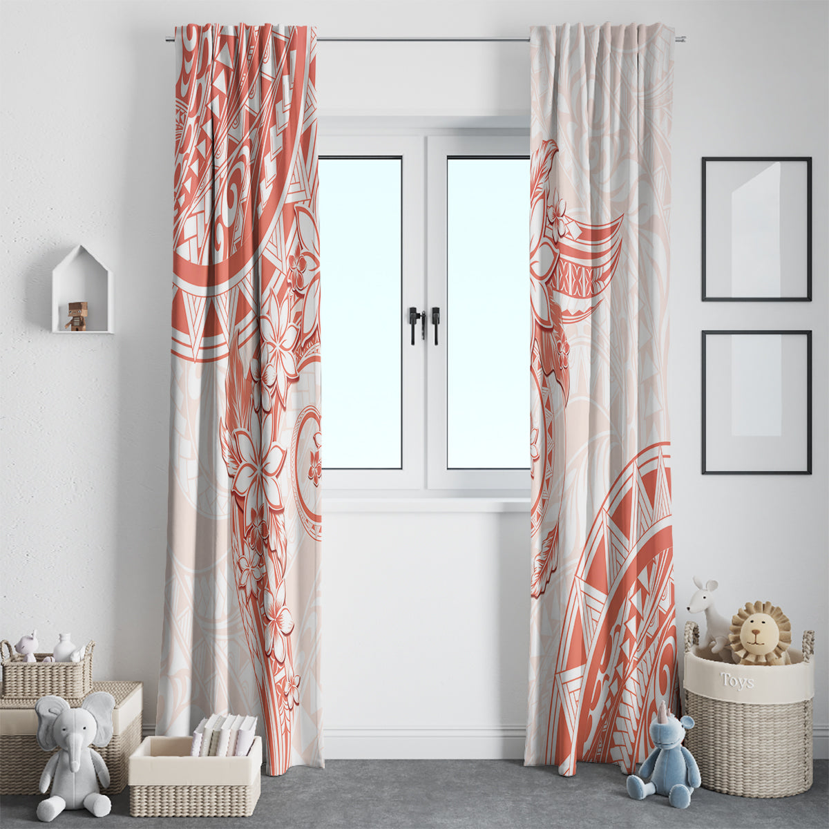 Polynesian Pattern With Plumeria Flowers Window Curtain Orange Peach LT05 - Polynesian Pride