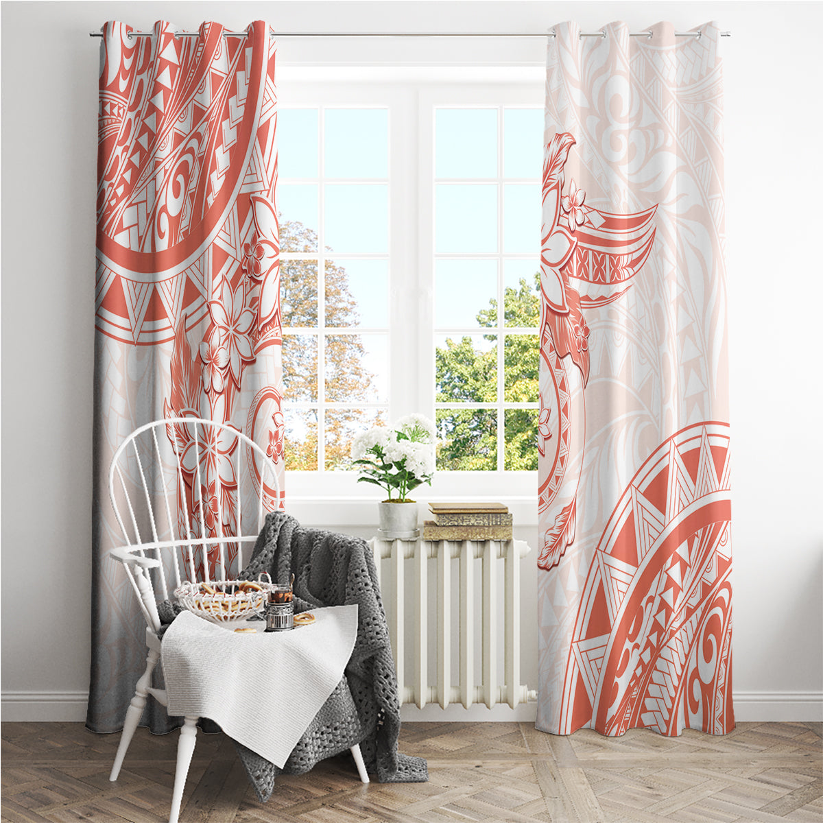 Polynesian Pattern With Plumeria Flowers Window Curtain Orange Peach LT05 - Polynesian Pride