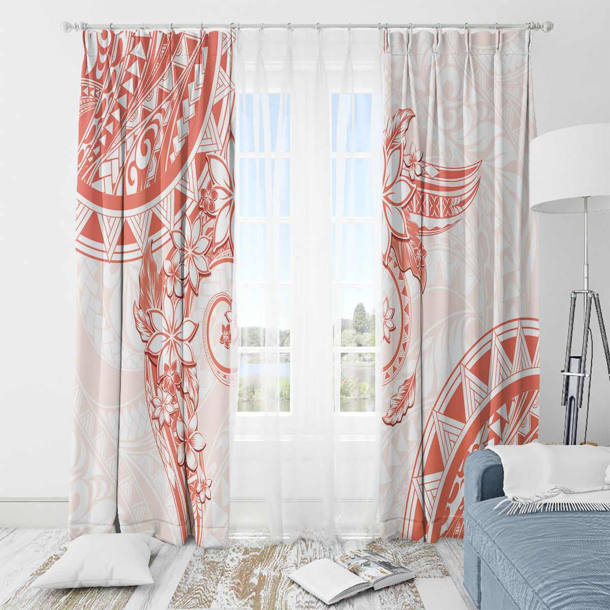 Polynesian Pattern With Plumeria Flowers Window Curtain Orange Peach LT05 - Polynesian Pride