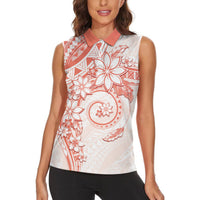 Polynesian Pattern With Plumeria Flowers Women Sleeveless Polo Shirt Orange Peach