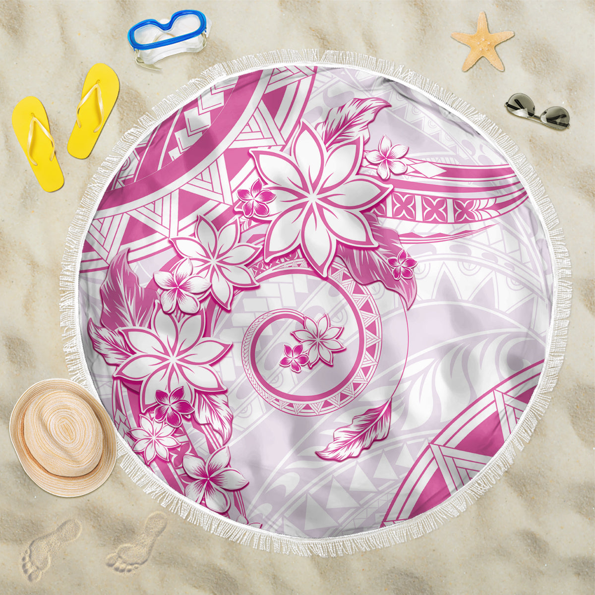 Polynesian Pattern With Plumeria Flowers Beach Blanket Pink