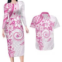 Polynesian Pattern With Plumeria Flowers Couples Matching Long Sleeve Bodycon Dress and Hawaiian Shirt Pink