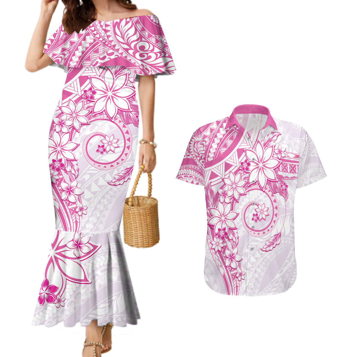 Polynesian Pattern With Plumeria Flowers Couples Matching Mermaid Dress and Hawaiian Shirt Pink