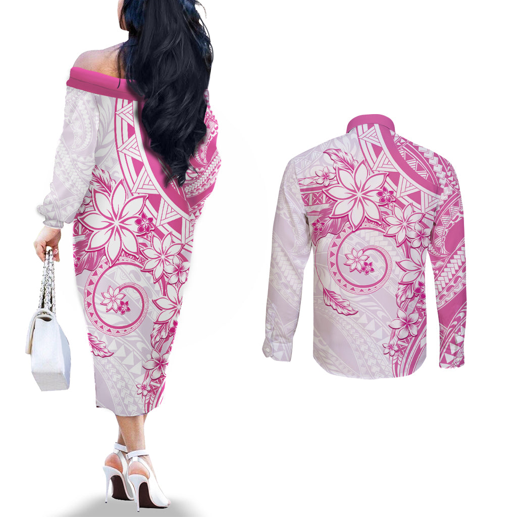 Polynesian Pattern With Plumeria Flowers Couples Matching Off The Shoulder Long Sleeve Dress and Long Sleeve Button Shirt Pink LT05 - Polynesian Pride