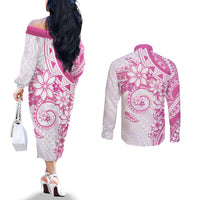 Polynesian Pattern With Plumeria Flowers Couples Matching Off The Shoulder Long Sleeve Dress and Long Sleeve Button Shirt Pink LT05 - Polynesian Pride