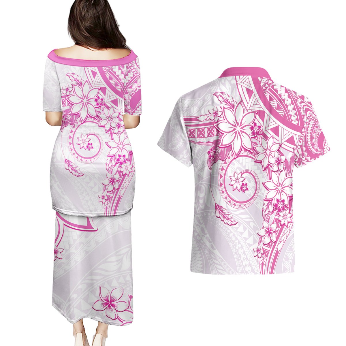 Polynesian Pattern With Plumeria Flowers Couples Matching Puletasi and Hawaiian Shirt Pink LT05 - Polynesian Pride