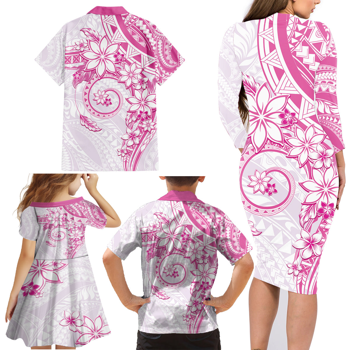 Polynesian Pattern With Plumeria Flowers Family Matching Long Sleeve Bodycon Dress and Hawaiian Shirt Pink