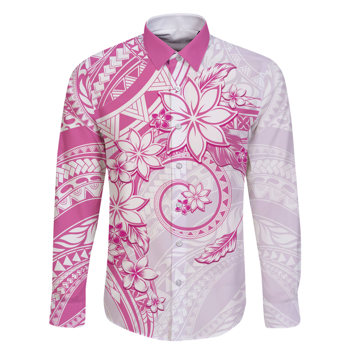 Polynesian Pattern With Plumeria Flowers Family Matching Short Sleeve Bodycon Dress and Hawaiian Shirt Pink