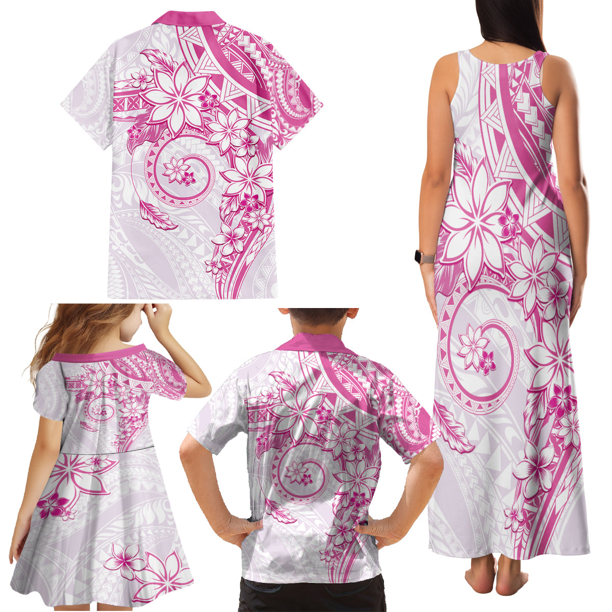 Polynesian Pattern With Plumeria Flowers Family Matching Tank Maxi Dress and Hawaiian Shirt Pink