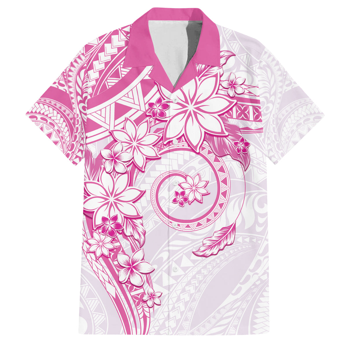 Polynesian Pattern With Plumeria Flowers Family Matching Tank Maxi Dress and Hawaiian Shirt Pink