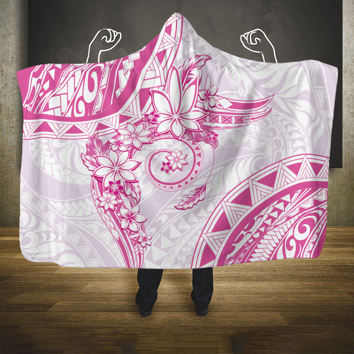 Polynesian Pattern With Plumeria Flowers Hooded Blanket Pink