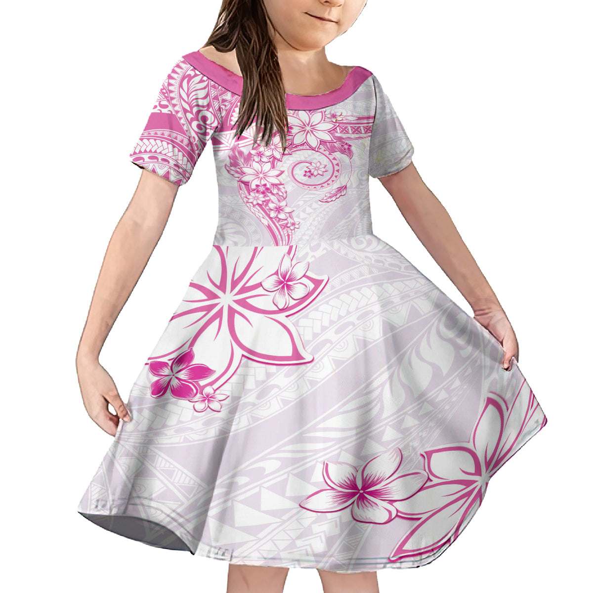 Polynesian Pattern With Plumeria Flowers Kid Short Sleeve Dress Pink