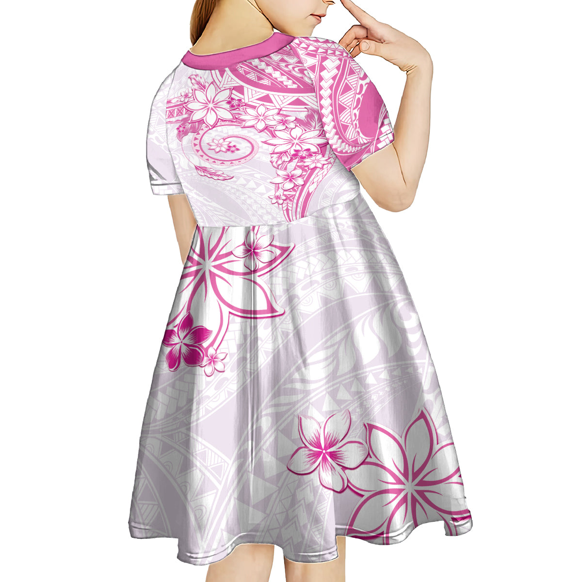 Polynesian Pattern With Plumeria Flowers Kid Short Sleeve Dress Pink LT05 - Polynesian Pride