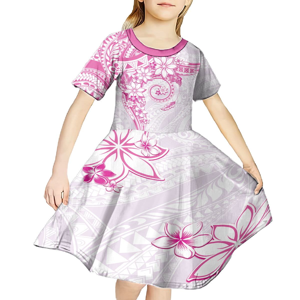 Polynesian Pattern With Plumeria Flowers Kid Short Sleeve Dress Pink LT05 - Polynesian Pride