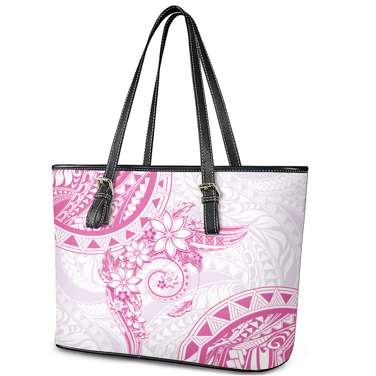 Polynesian Pattern With Plumeria Flowers Leather Tote Bag Pink LT05 - Polynesian Pride
