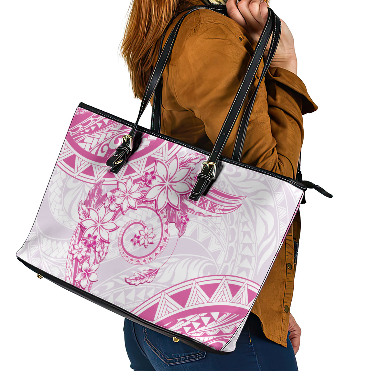 Polynesian Pattern With Plumeria Flowers Leather Tote Bag Pink LT05 - Polynesian Pride