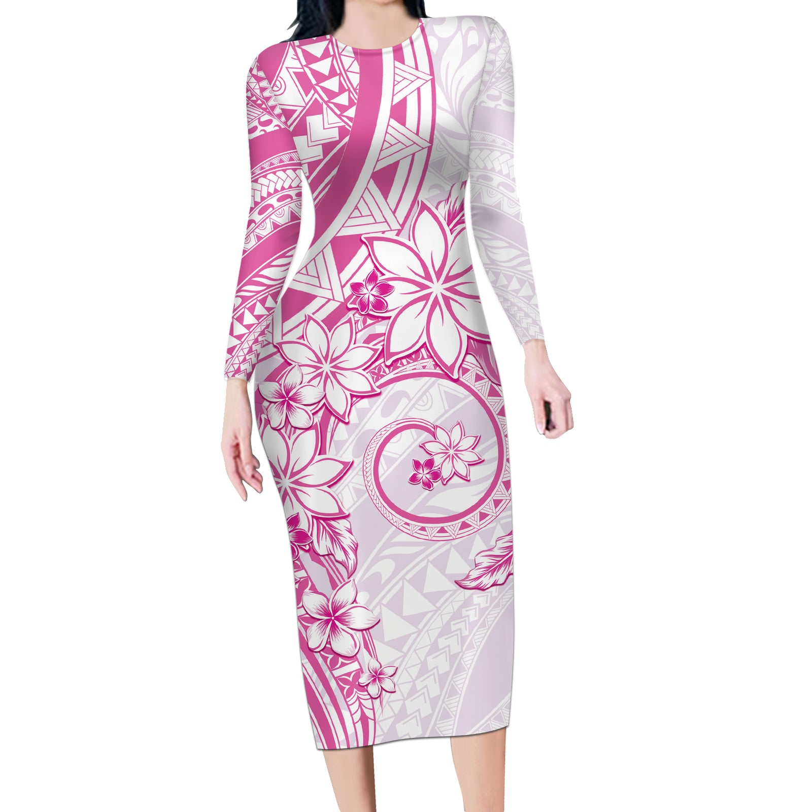 Polynesian Pattern With Plumeria Flowers Long Sleeve Bodycon Dress Pink LT05 Long Dress Pink - Polynesian Pride