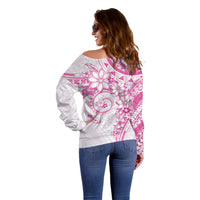Polynesian Pattern With Plumeria Flowers Off Shoulder Sweater Pink