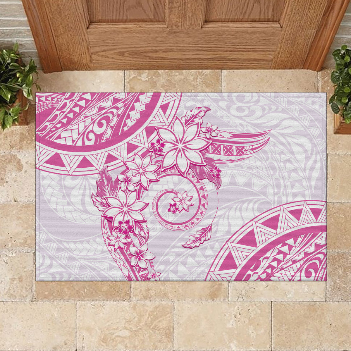 Polynesian Pattern With Plumeria Flowers Rubber Doormat Pink