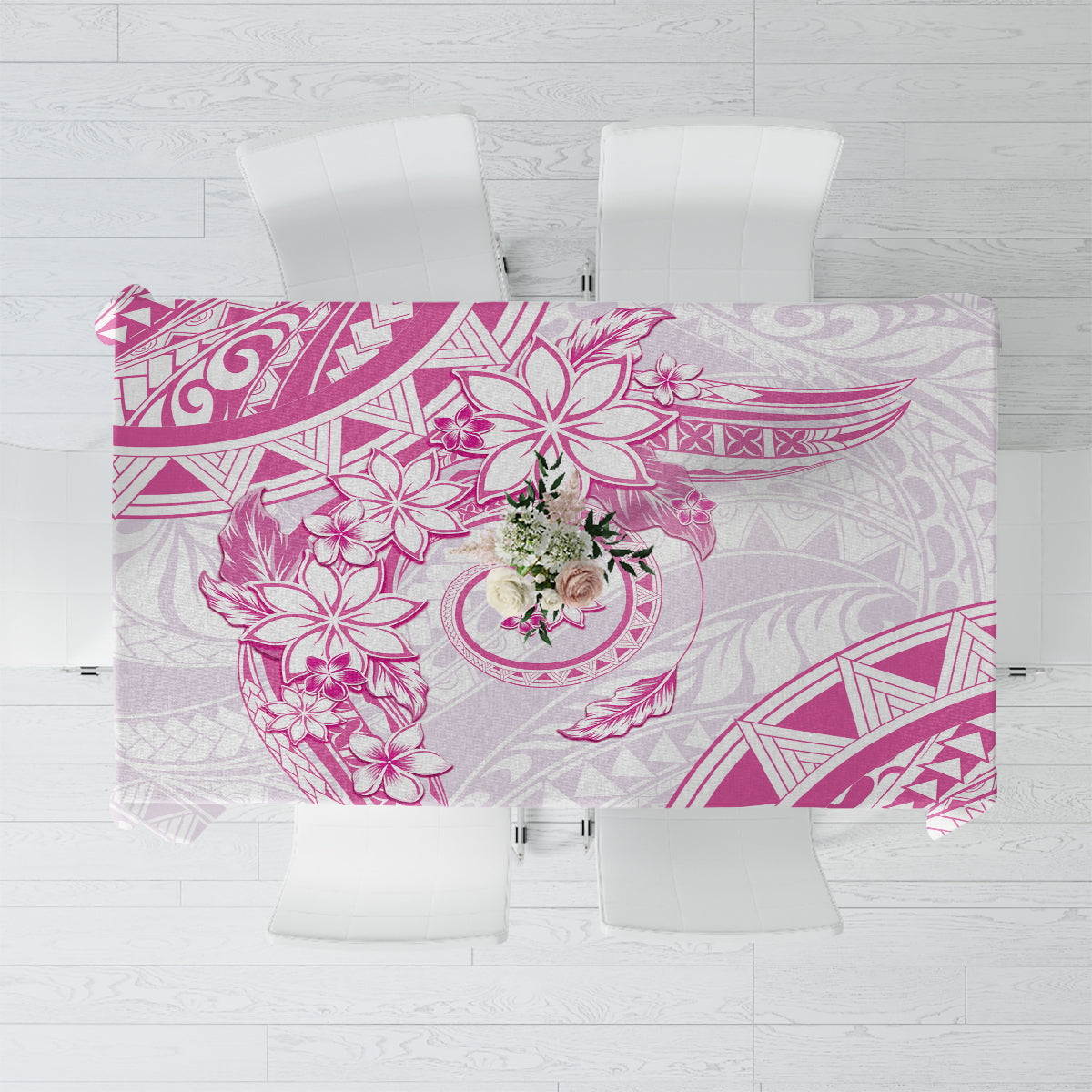 Polynesian Pattern With Plumeria Flowers Tablecloth Pink