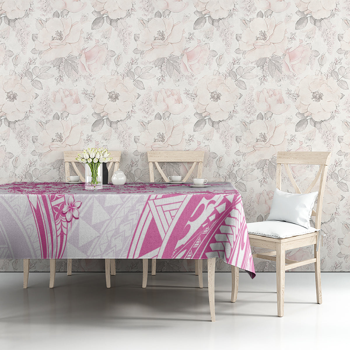 Polynesian Pattern With Plumeria Flowers Tablecloth Pink