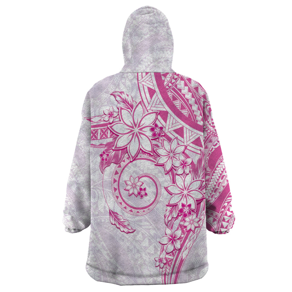 Polynesian Pattern With Plumeria Flowers Wearable Blanket Hoodie Pink