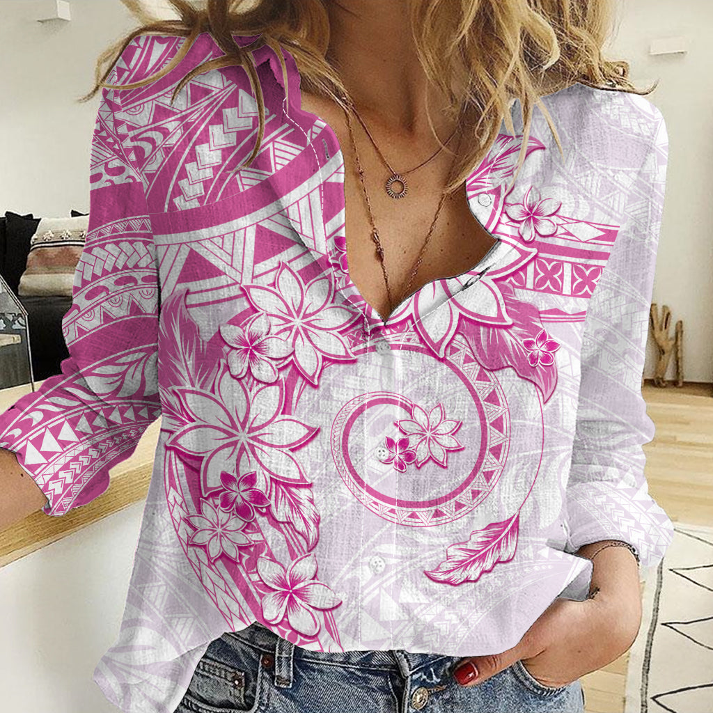 Polynesian Pattern With Plumeria Flowers Women Casual Shirt Pink