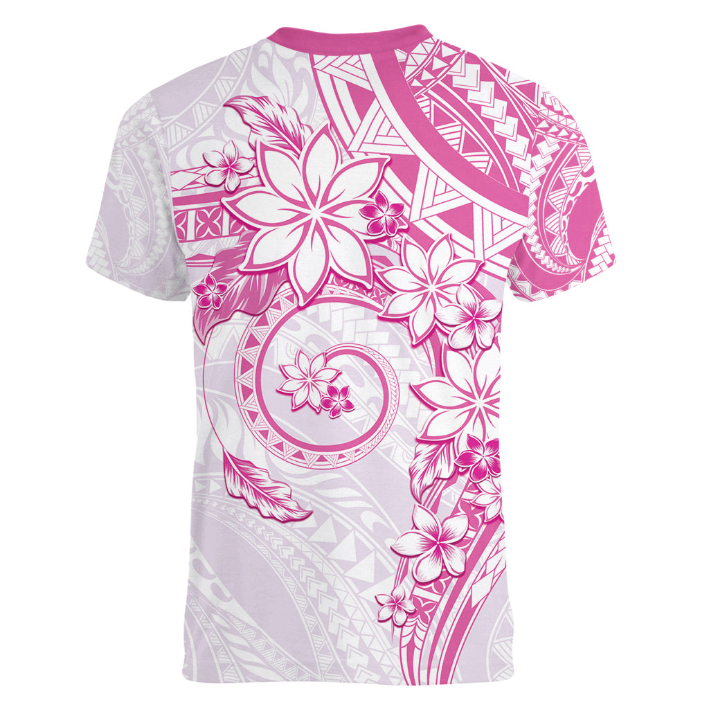 Polynesian Pattern With Plumeria Flowers Women V-Neck T-Shirt Pink