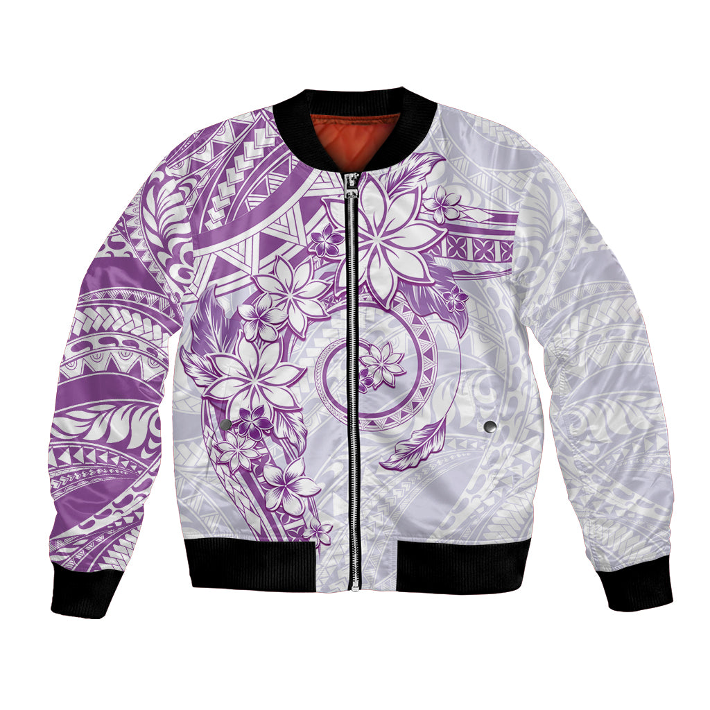 Polynesian Pattern With Plumeria Flowers Bomber Jacket Purple