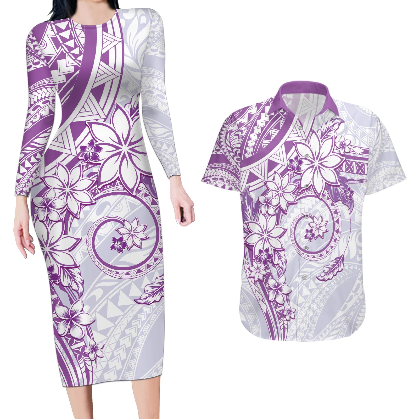 Polynesian Pattern With Plumeria Flowers Couples Matching Long Sleeve Bodycon Dress and Hawaiian Shirt Purple