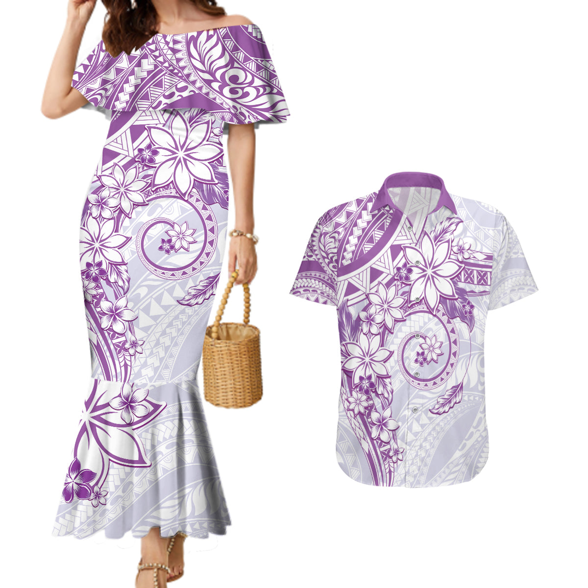 Polynesian Pattern With Plumeria Flowers Couples Matching Mermaid Dress and Hawaiian Shirt Purple