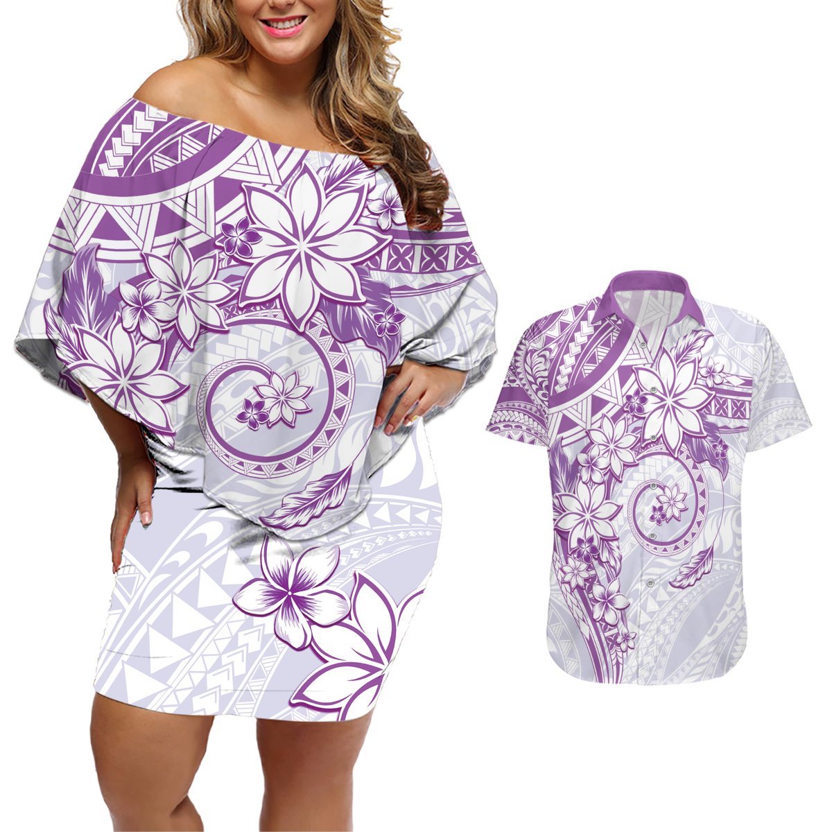 Polynesian Pattern With Plumeria Flowers Couples Matching Off Shoulder Short Dress and Hawaiian Shirt Purple LT05 Purple - Polynesian Pride