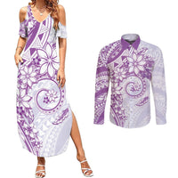 Polynesian Pattern With Plumeria Flowers Couples Matching Summer Maxi Dress and Long Sleeve Button Shirt Purple LT05 Purple - Polynesian Pride