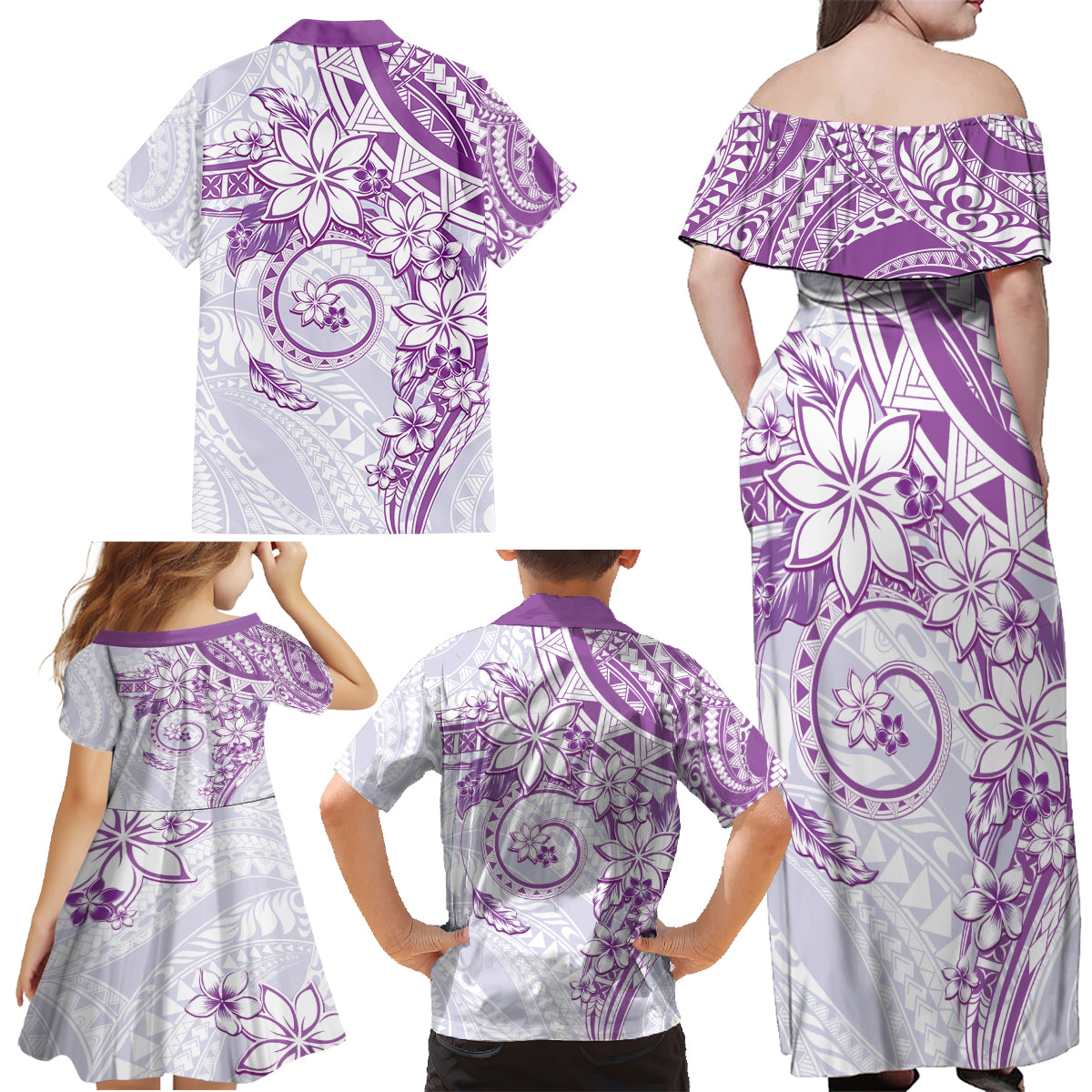 Polynesian Pattern With Plumeria Flowers Family Matching Off Shoulder Maxi Dress and Hawaiian Shirt Purple