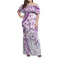 Polynesian Pattern With Plumeria Flowers Family Matching Off Shoulder Maxi Dress and Hawaiian Shirt Purple