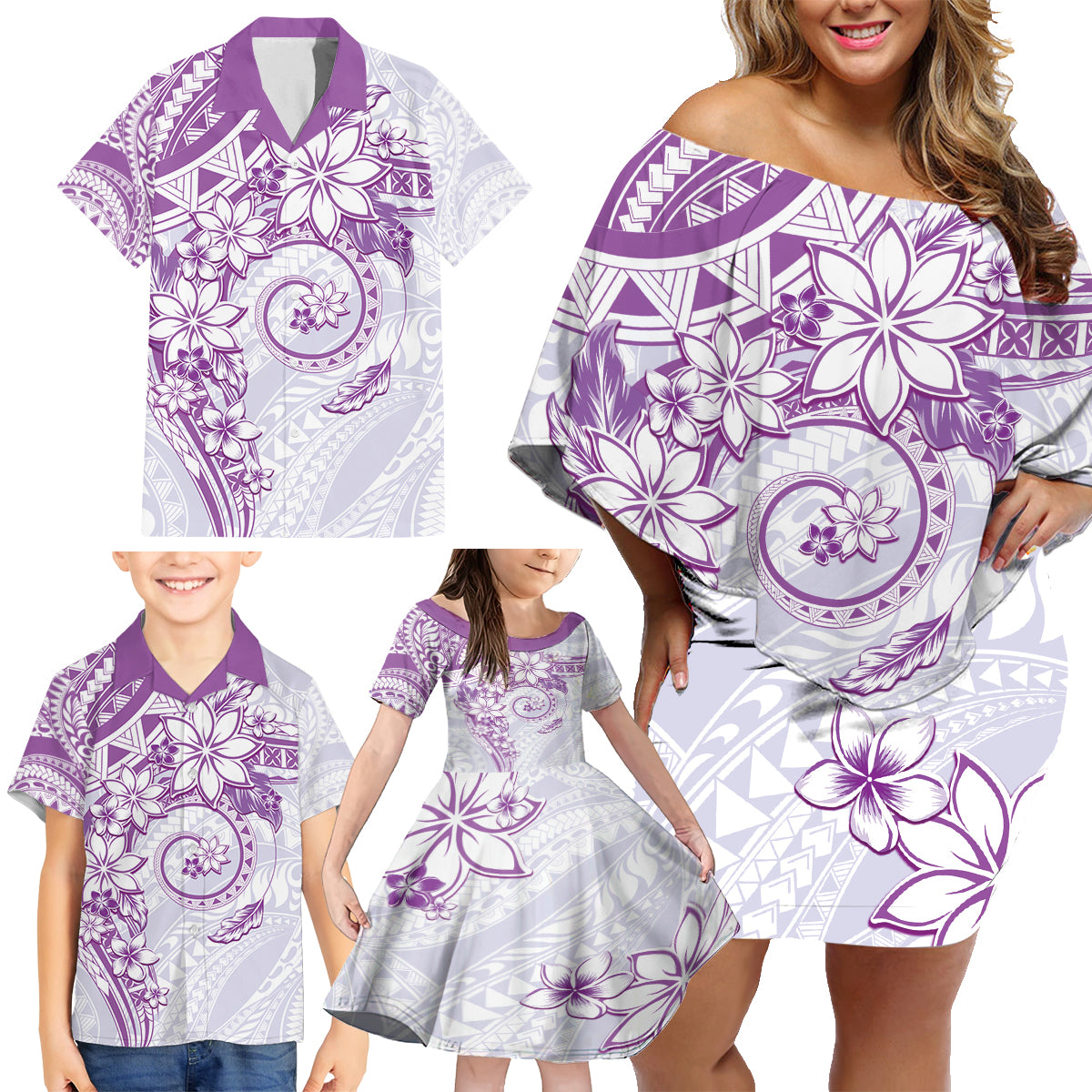 Polynesian Pattern With Plumeria Flowers Family Matching Off Shoulder Short Dress and Hawaiian Shirt Purple