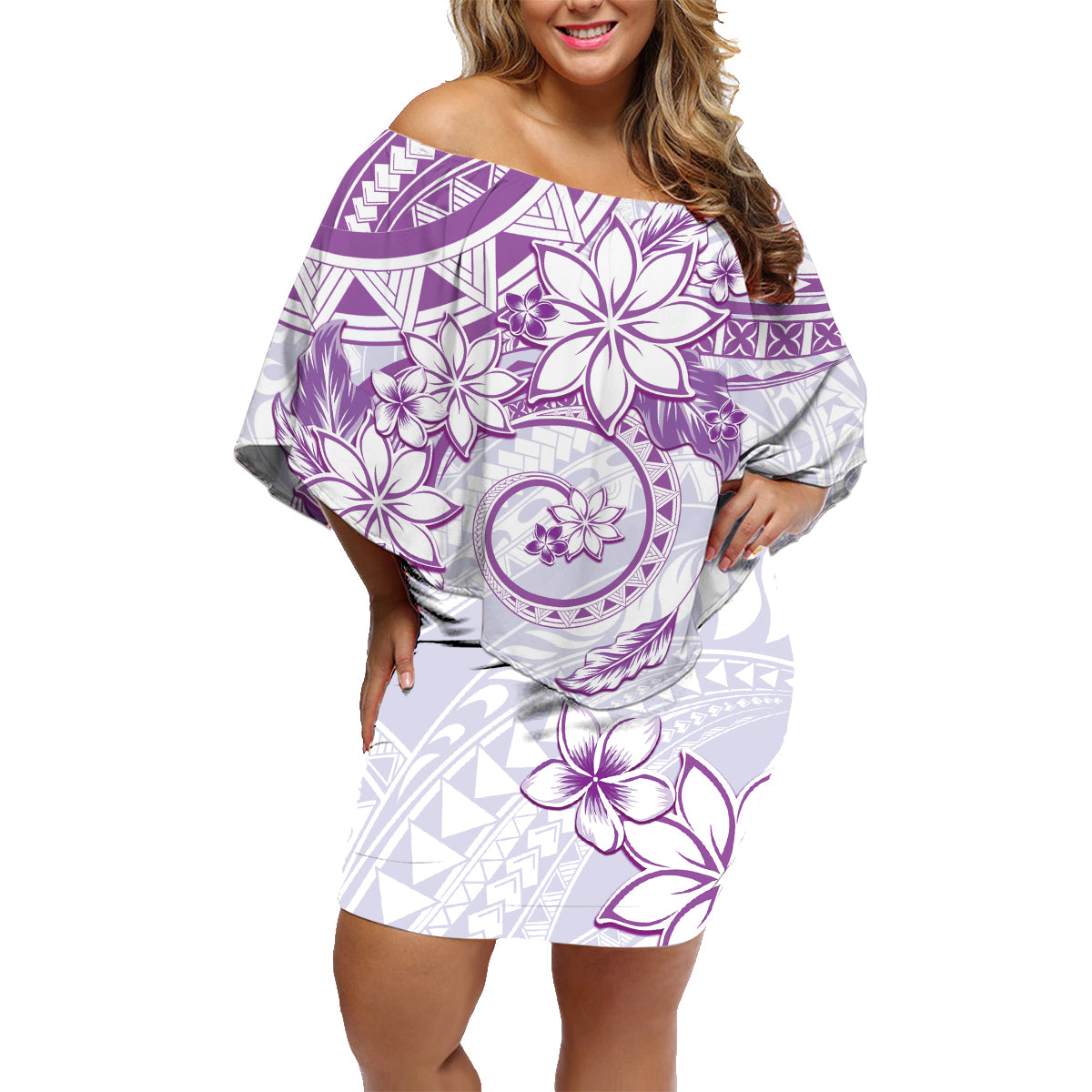 Polynesian Pattern With Plumeria Flowers Family Matching Off Shoulder Short Dress and Hawaiian Shirt Purple
