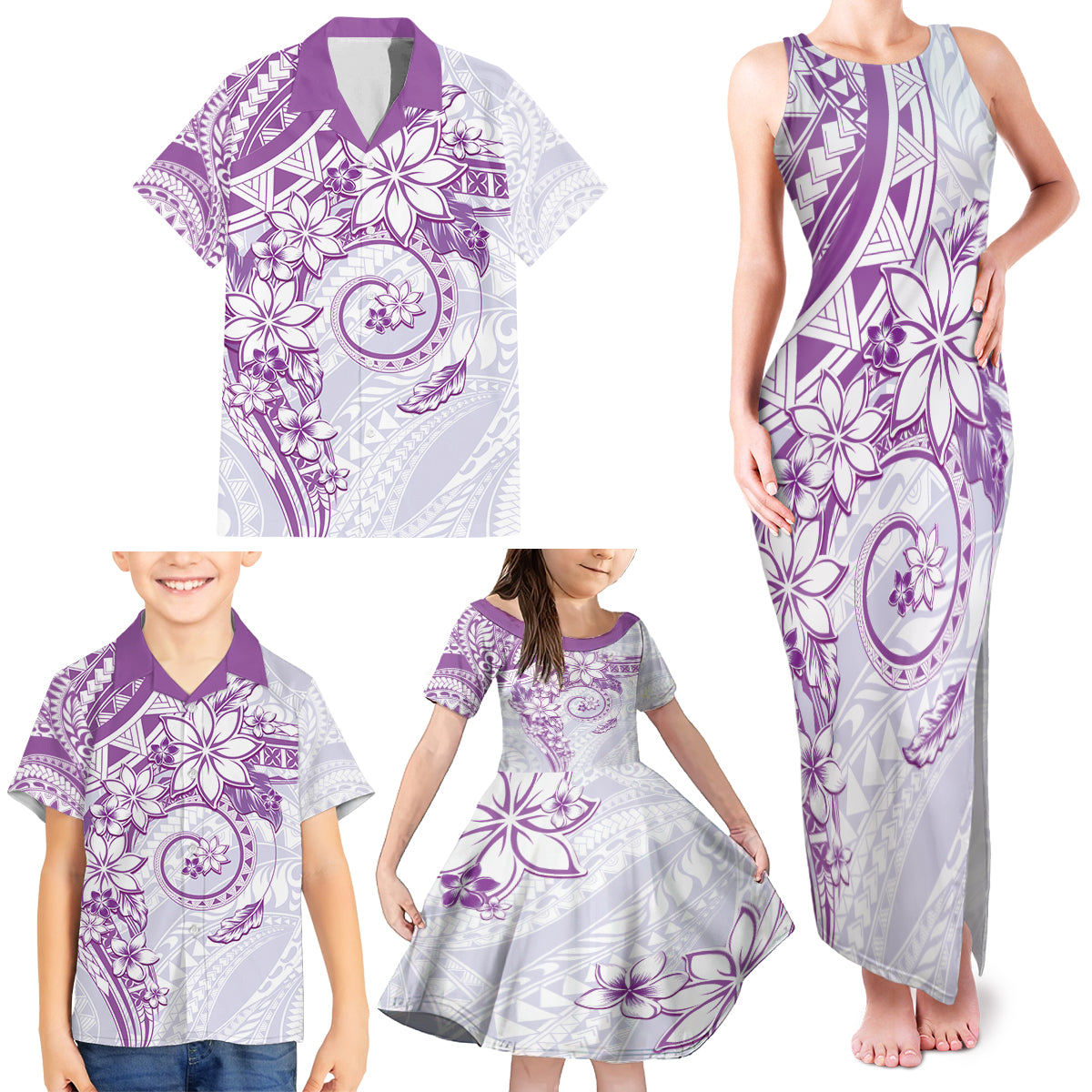 Polynesian Pattern With Plumeria Flowers Family Matching Tank Maxi Dress and Hawaiian Shirt Purple