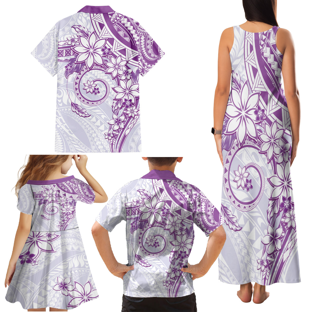 Polynesian Pattern With Plumeria Flowers Family Matching Tank Maxi Dress and Hawaiian Shirt Purple