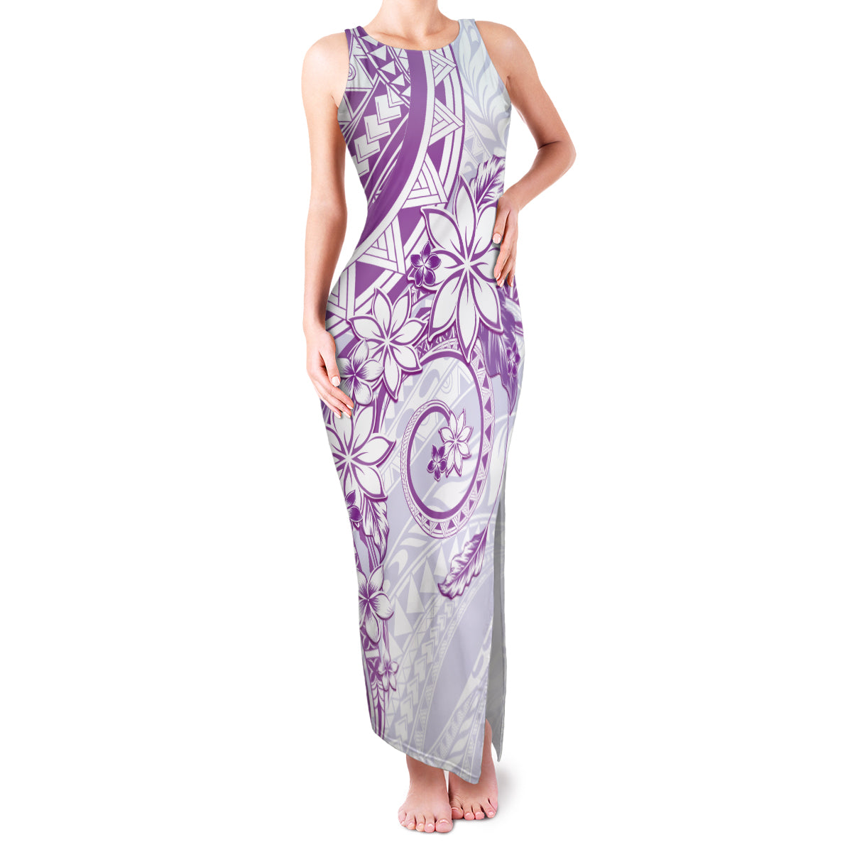 Polynesian Pattern With Plumeria Flowers Family Matching Tank Maxi Dress and Hawaiian Shirt Purple