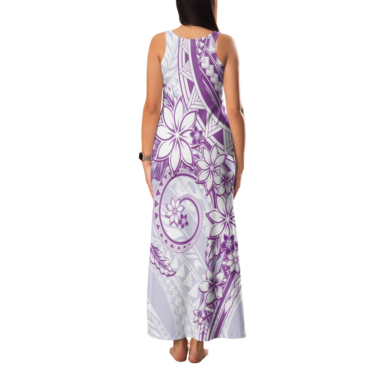Polynesian Pattern With Plumeria Flowers Family Matching Tank Maxi Dress and Hawaiian Shirt Purple