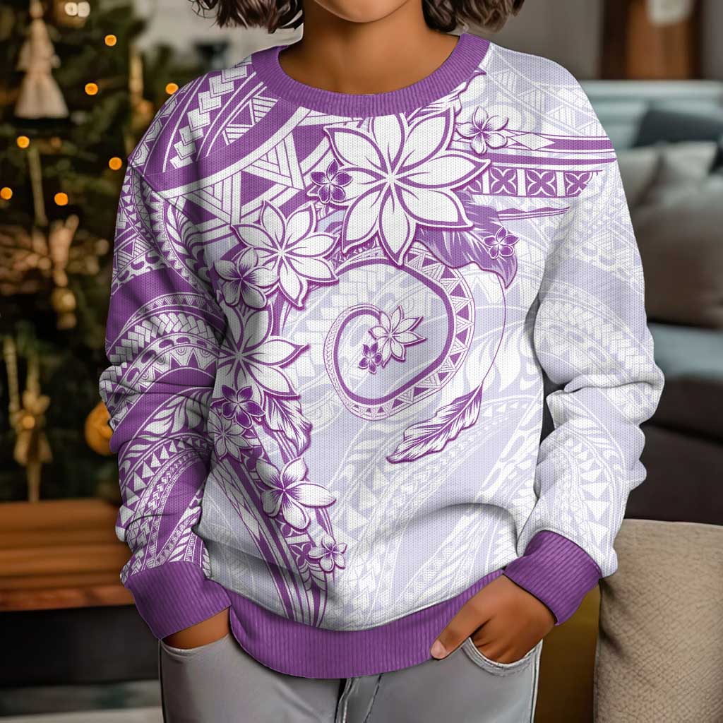Polynesian Pattern With Plumeria Flowers Kid Ugly Christmas Sweater Purple