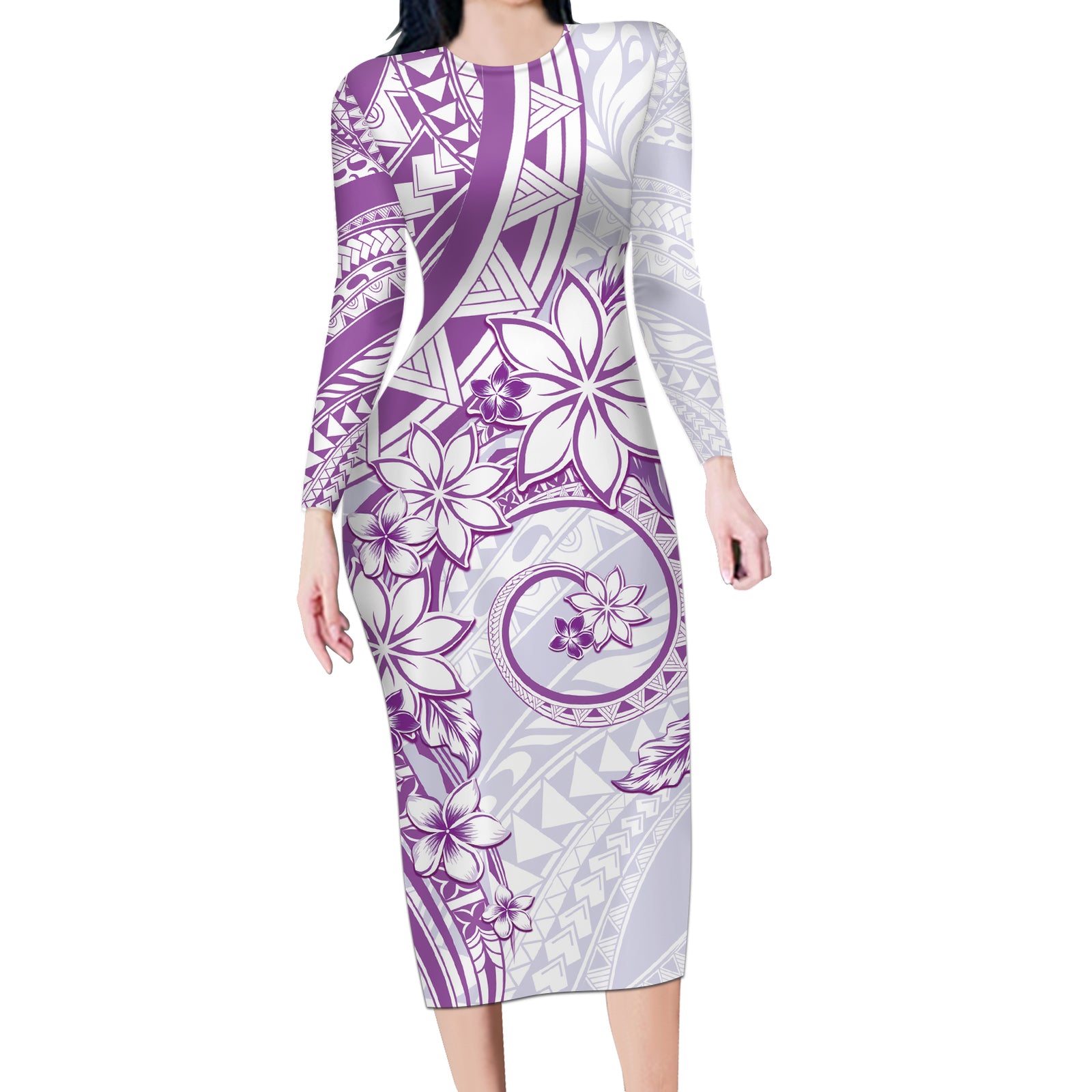 Polynesian Pattern With Plumeria Flowers Long Sleeve Bodycon Dress Purple LT05 Long Dress Purple - Polynesian Pride