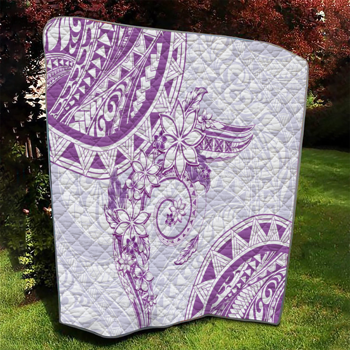 Polynesian Pattern With Plumeria Flowers Quilt Purple