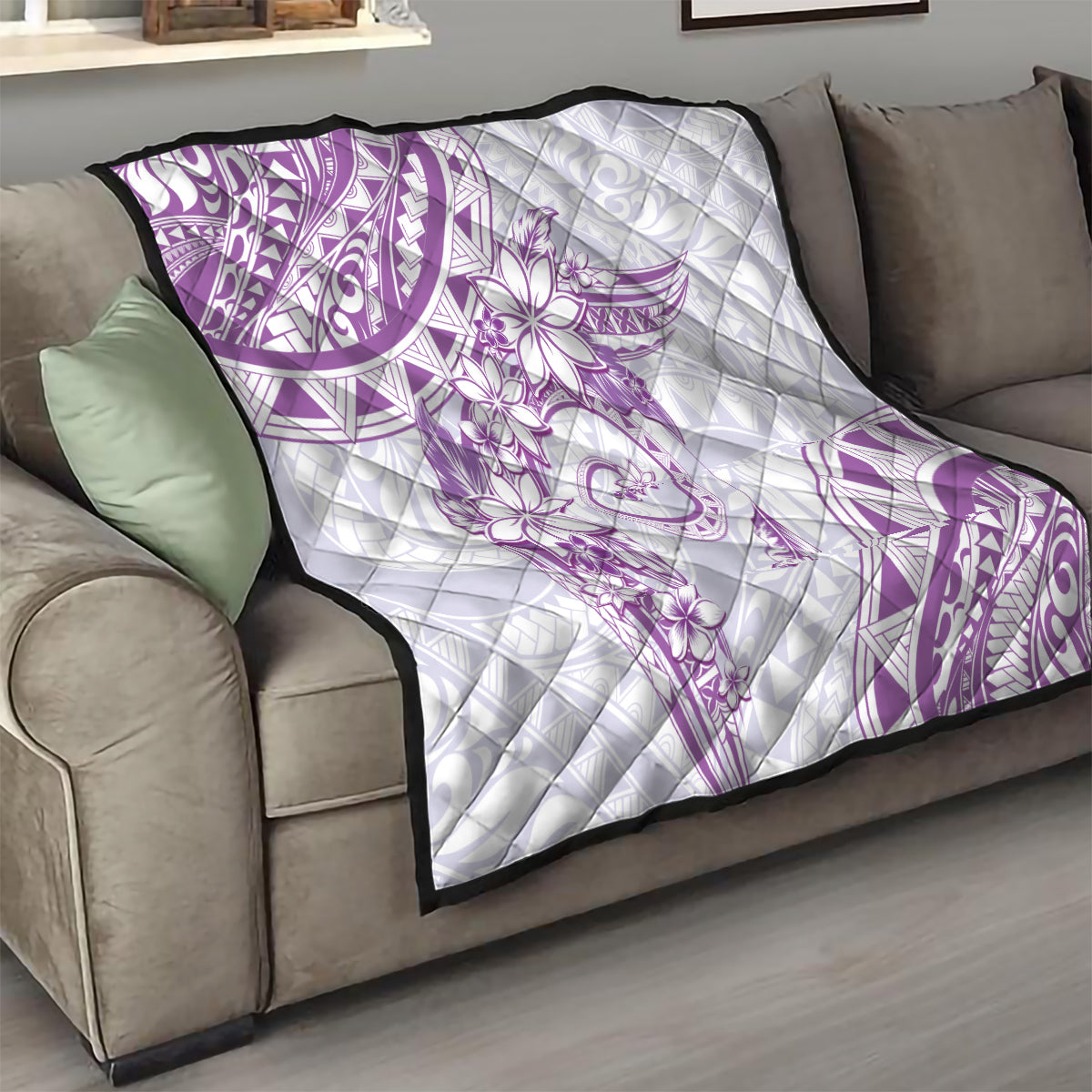 Polynesian Pattern With Plumeria Flowers Quilt Purple